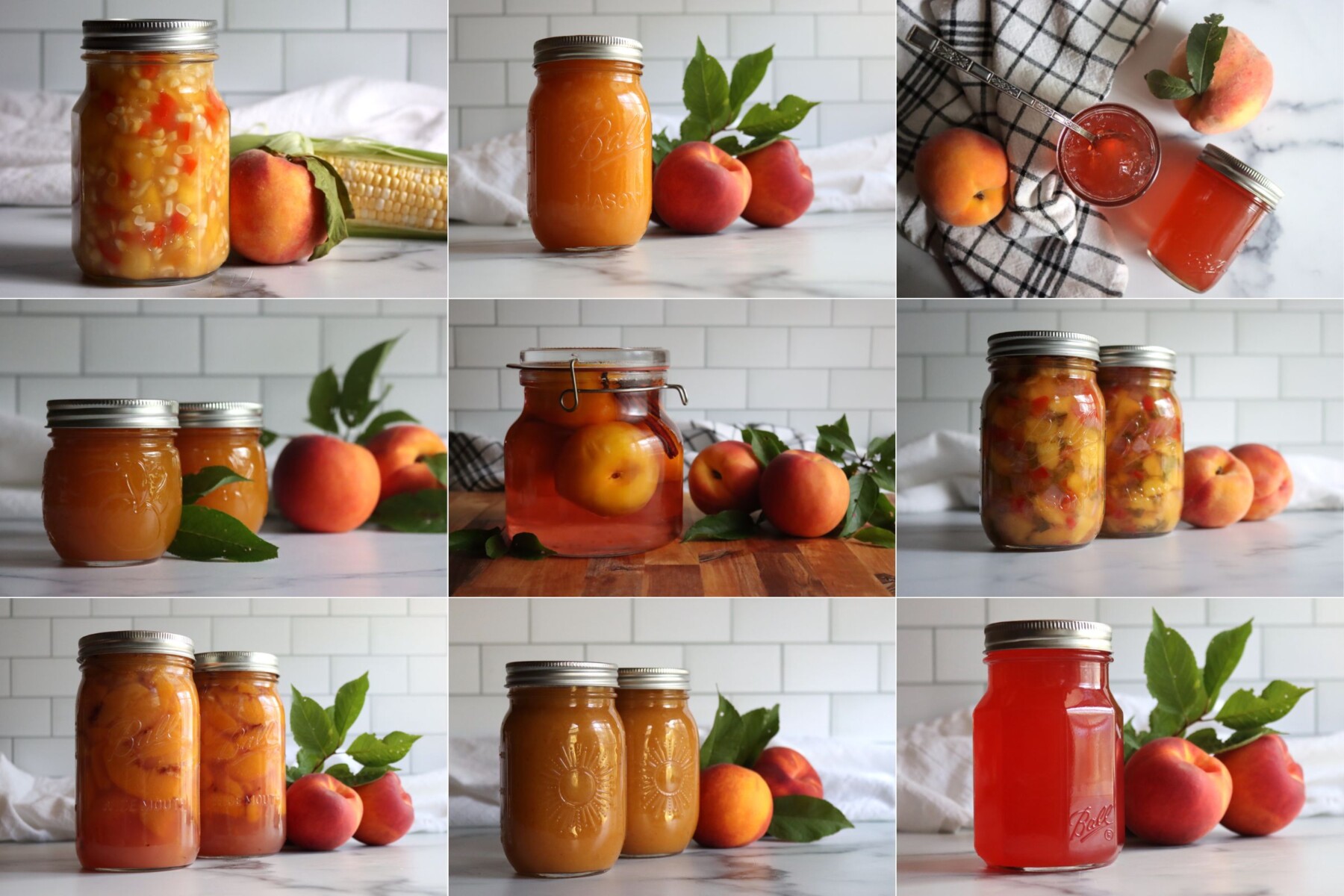Peach Canning Recipes.  Left to Right from top left: Peach and Corn Salsa, Peach Applesauce, Peach Jelly, Peach Butter, Pickled Peaches, Peach Salsa, Peach Pie Filling, Peach Nectar and Peach Syrup