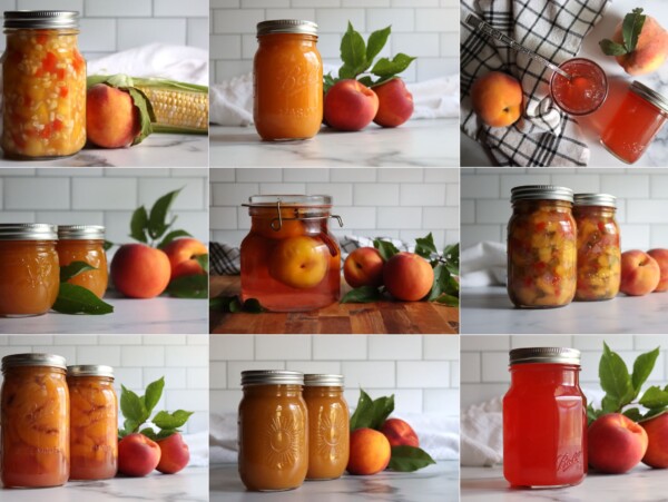Peach Canning Recipes. Left to Right from top left: Peach and Corn Salsa, Peach Applesauce, Peach Jelly, Peach Butter, Pickled Peaches, Peach Salsa, Peach Pie Filling, Peach Nectar and Peach Syrup