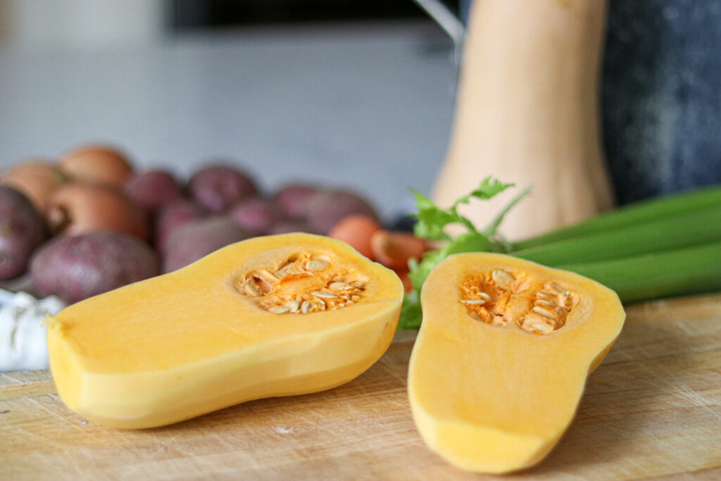 hopping Butternut for Soup Canning