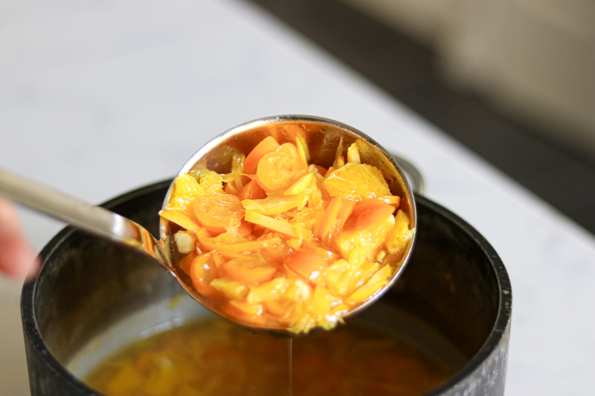 Pre-cooked kumquat marmalade ingredients before the 12 to 18 hour rest.