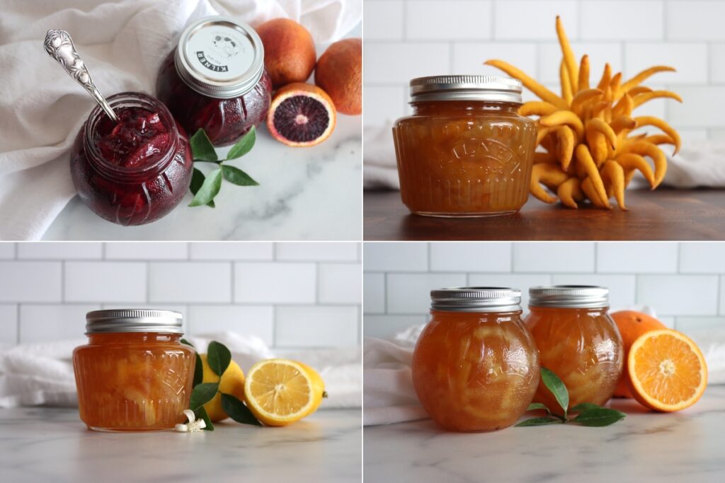 Marmalade Recipes with a variety of citrus.  Clockwise from top left: Blood Orange Marmalade, Buddhas Hand Marmalade, Orange Marmalade and Lemon Marmalade