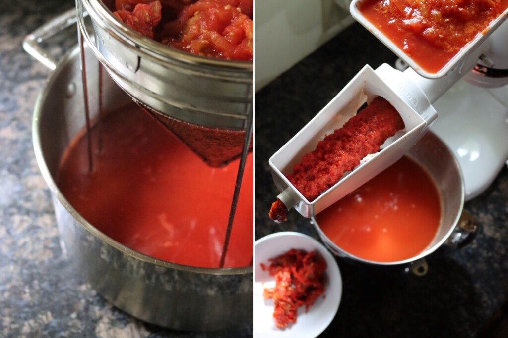 Separating the seeds and skins from tomatoes, using a chinois sieve (left) and kitchenaid food mill (right)