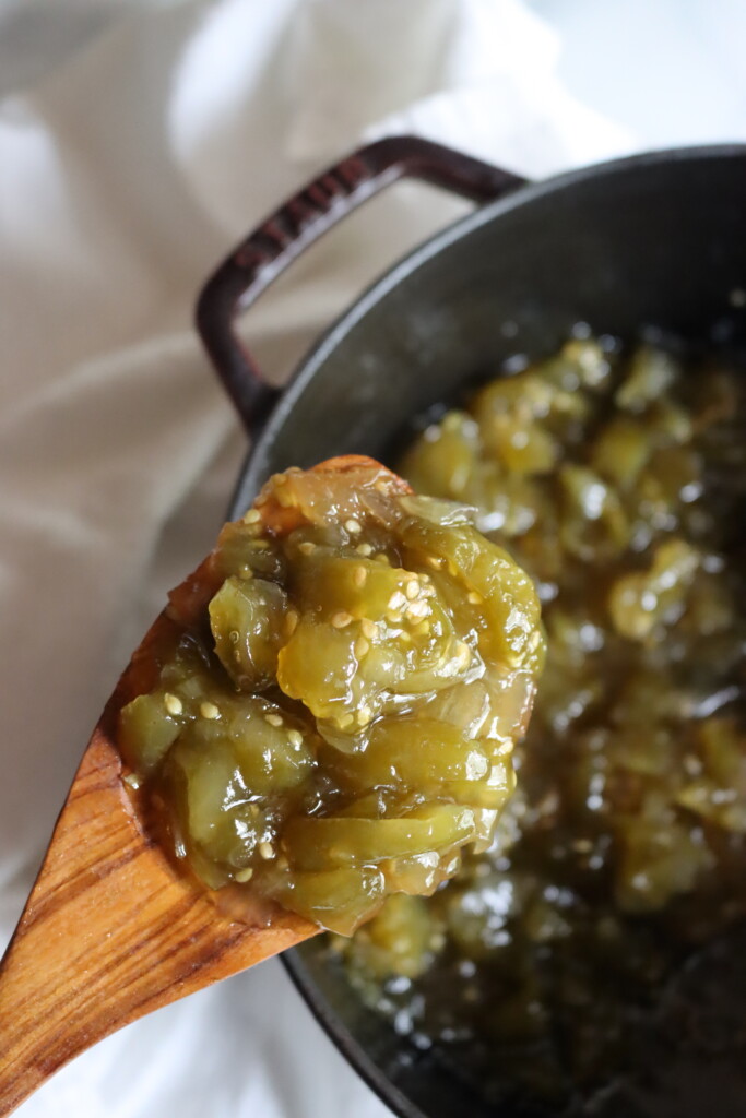 Finished green tomato chow chow on a spoon.