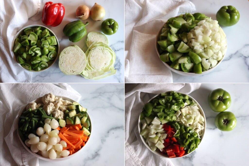 Ingredient mixes for four different regional chow chow variations.  Clockwise from Top Left: Southern Chow Chow, Canadian Chow Chow, New England Piccalilli and British Piccalilli.