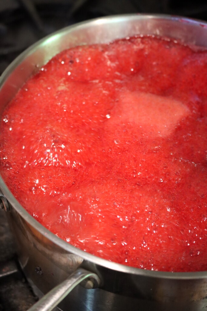 Making Seedless Raspberry Jam in a pot on the stove.