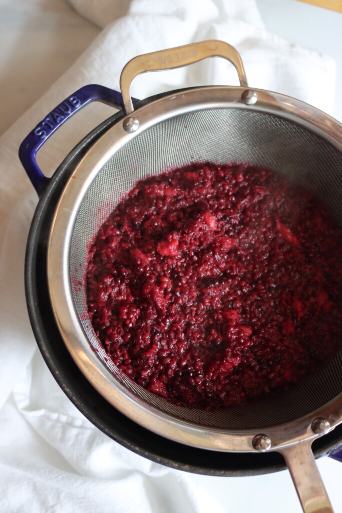 Raspberries in a fine mesh strainer to remove the seeds.