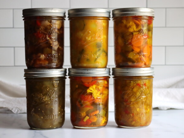 Six different jars of regional chow chows.