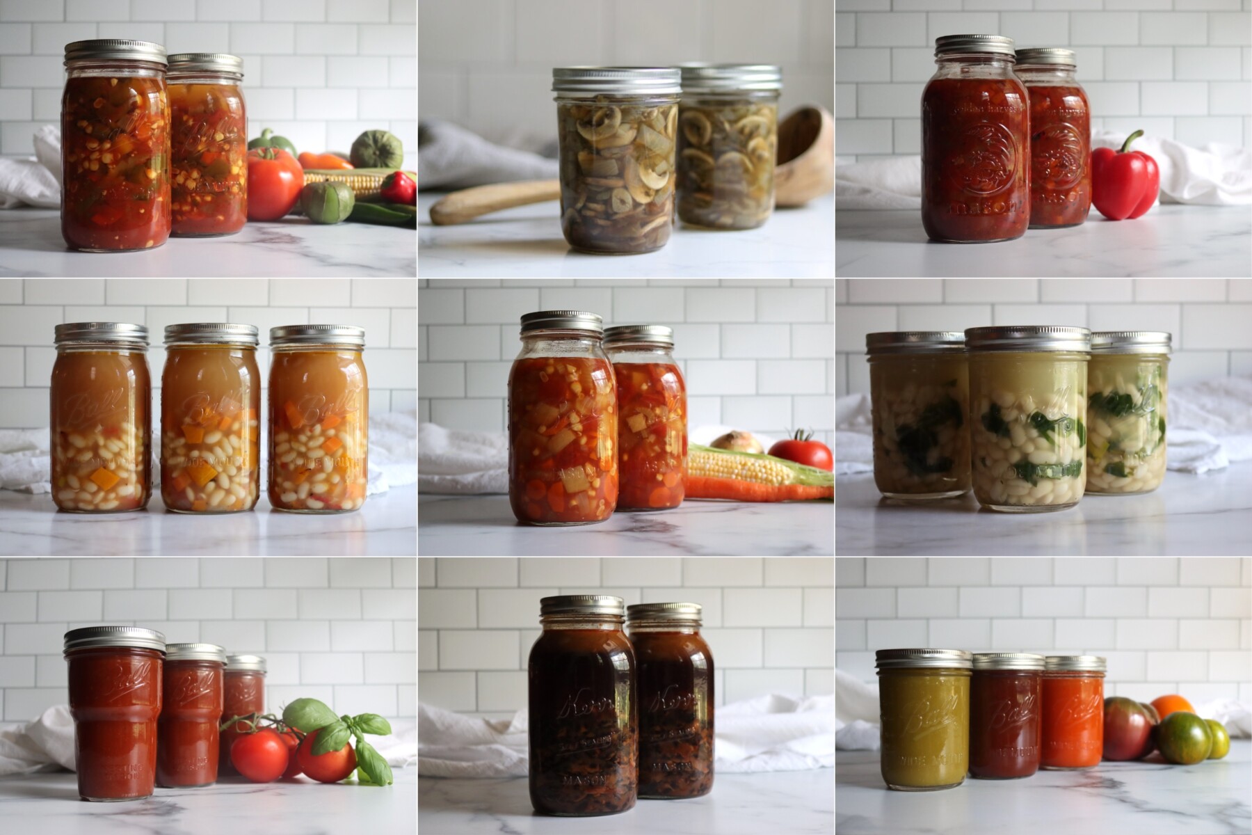 A selection of vegetarian soup canning recipes in quart jars.  Left to right from Top Left: Southwest Vegetable Soup, Mushroom Soup Base, Roasted Red Pepper Soup, Butternut Squash and White Bean Soup, Classic Vegetable Soup, White Bean and Kale Soup, Tomato Basil Soup, Chipotle Black Bean Soup and Heirloom Tomato Soup.
