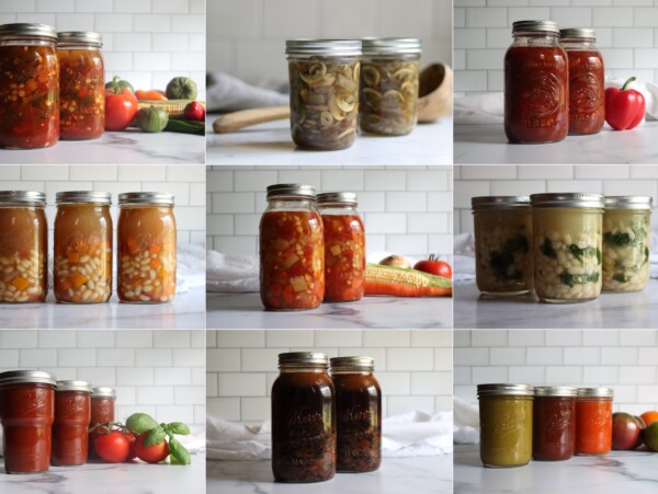 A selection of vegetarian soup canning recipes in quart jars. Left to right from Top Left: Southwest Vegetable Soup, Mushroom Soup Base, Roasted Red Pepper Soup, Butternut Squash and White Bean Soup, Classic Vegetable Soup, White Bean and Kale Soup, Tomato Basil Soup, Chipotle Black Bean Soup and Heirloom Tomato Soup.