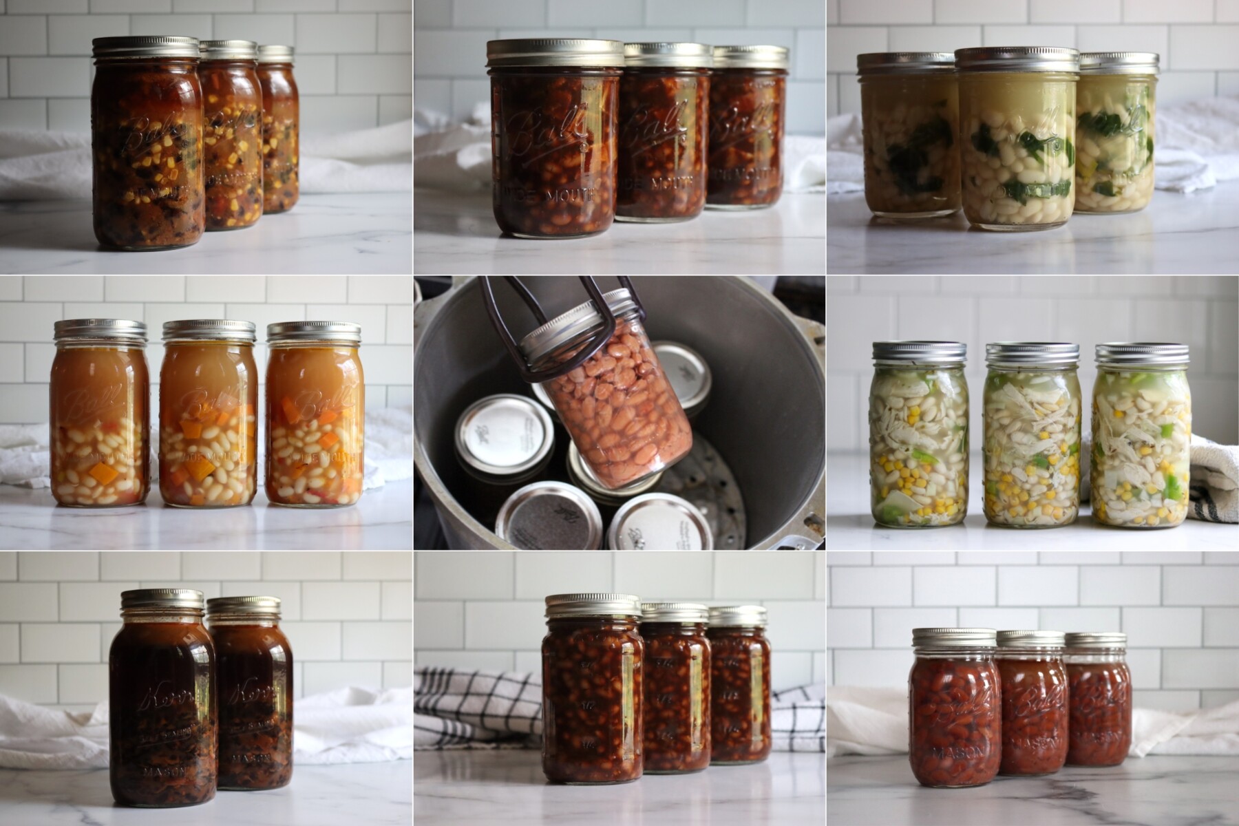 Bean Canning Recipes.  Left to right, from top left: Taco Soup, Boston Baked Beans, White Bean and Kale Soup, Butternut Squash White Bean Soup, Plain Beans, White Chicken Chili, Chipotle Black Bean Soup, Vegetarian Baked Beans and Pinto Beans in Pints.