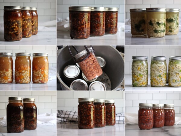 Bean Canning Recipes. Left to right, from top left: Taco Soup, Boston Baked Beans, White Bean and Kale Soup, Butternut Squash White Bean Soup, Plain Beans, White Chicken Chili, Chipotle Black Bean Soup, Vegetarian Baked Beans and Pinto Beans in Pints.