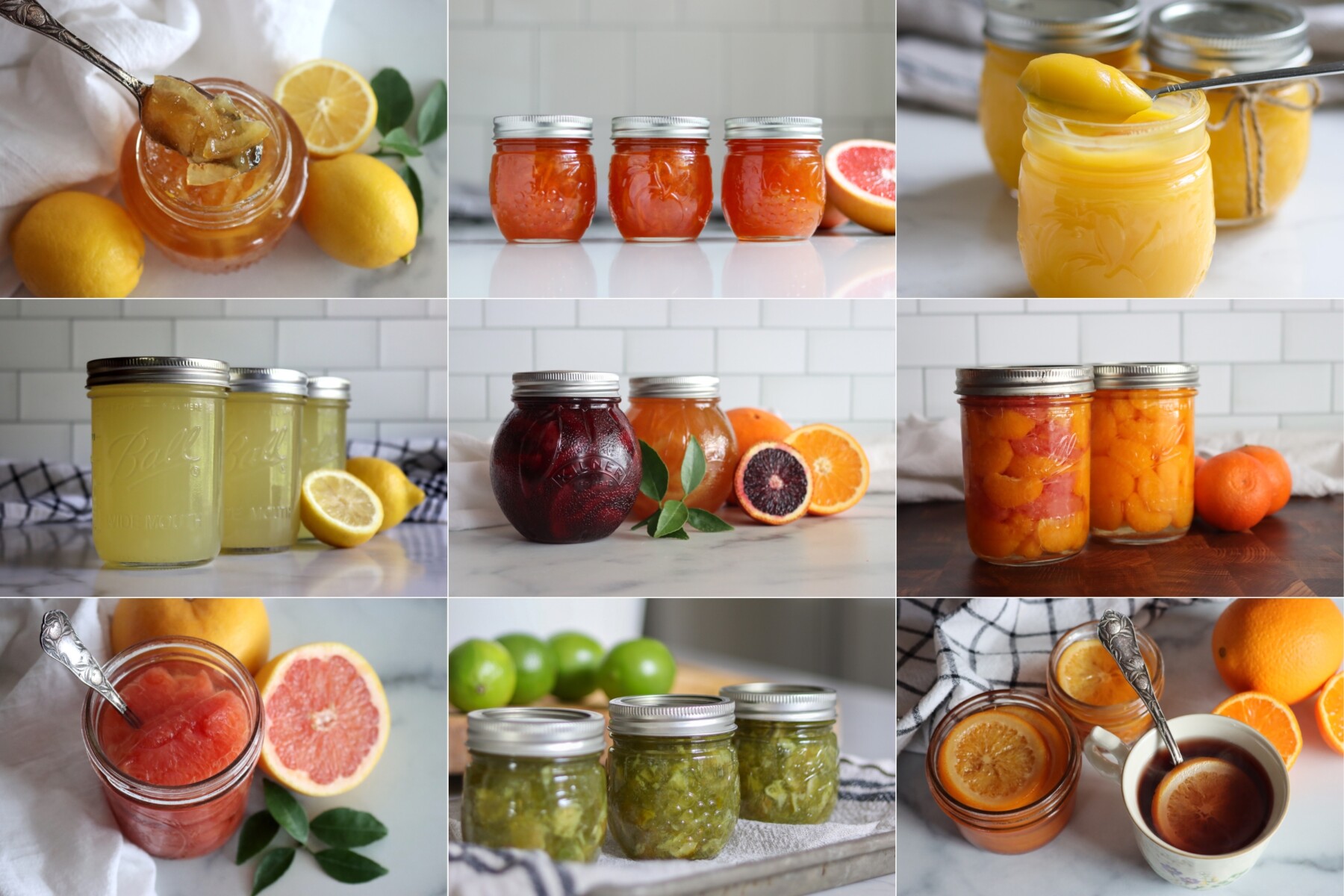 Citrus Canning Recipe Ideas.  Left to right, from top left: Lemon Marmalade, Grapefruit Marmalade, Lemon Curd, Lemonade, Orange Marmalade, Oranges in Syrup, Grapefruits in Syrup, Lime Marmalade and Orange Slices in Honey Syrup.