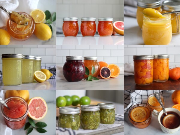 Citrus Canning Recipe Ideas. Left to right, from top left: Lemon Marmalade, Grapefruit Marmalade, Lemon Curd, Lemonade, Orange Marmalade, Oranges in Syrup, Grapefruits in Syrup, Lime Marmalade and Orange Slices in Honey Syrup.