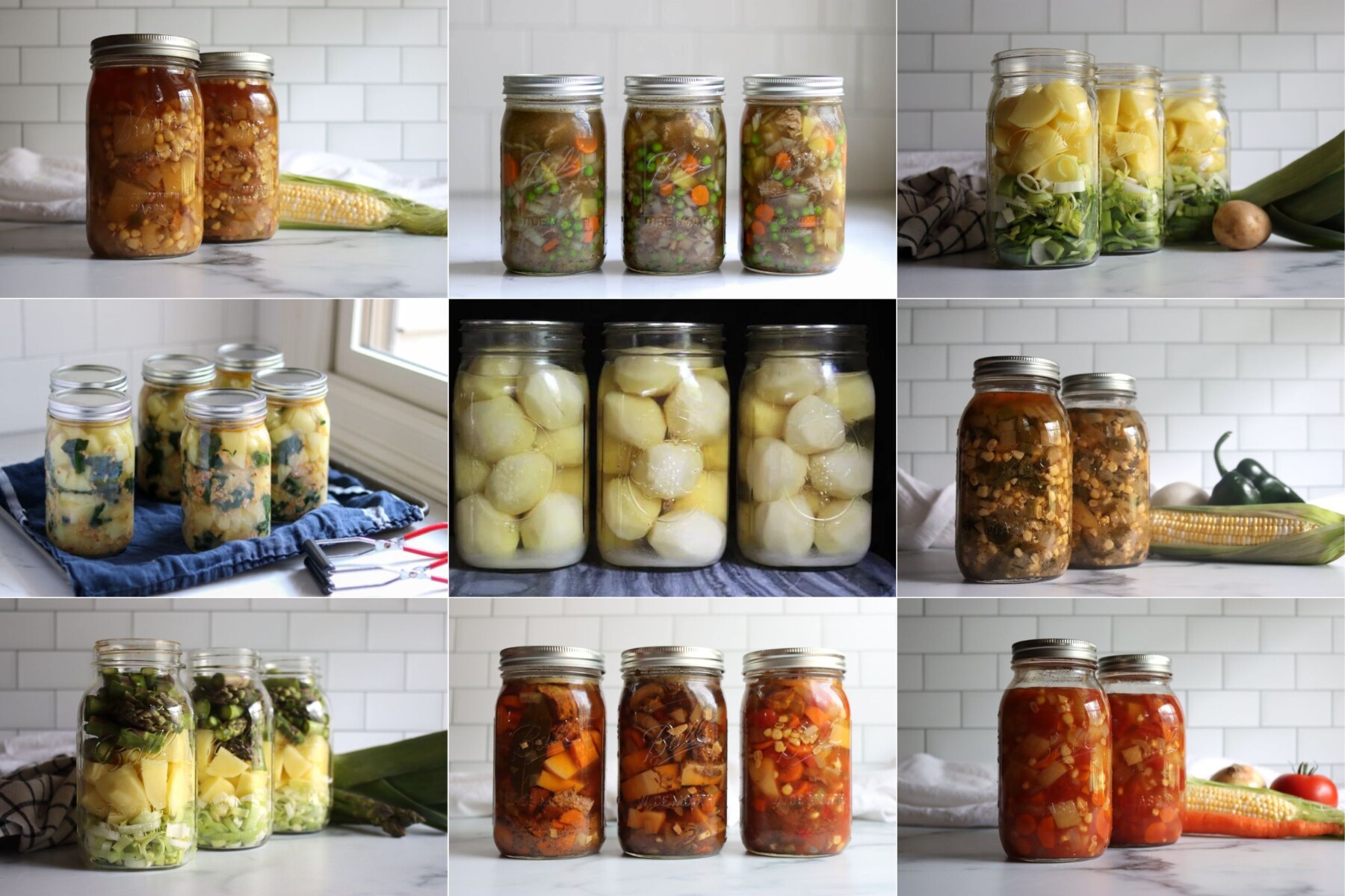 Potato Canning Recipes.  Left to Right, from Top Left: Chicken and Corn Chowder, Beef Pot Pie Filling, Potato Leek Soup, Sausage & Potato Stew, Plain Potatoes, Poblano Corn Chowder, Asparagus Potato Soup, Multiple Beef Stew Variations and Classic Vegetable Soup