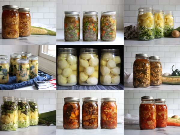 Potato Canning Recipes. Left to Right, from Top Left: Chicken and Corn Chowder, Beef Pot Pie Filling, Potato Leek Soup, Sausage & Potato Stew, Plain Potatoes, Poblano Corn Chowder, Asparagus Potato Soup, Multiple Beef Stew Variations and Classic Vegetable Soup