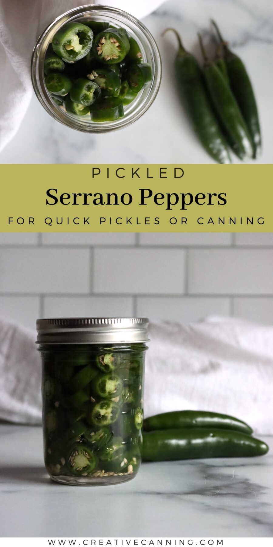 Pickled serrano peppers recipe pin showing an open jar of pepper rings and a sealed jar
