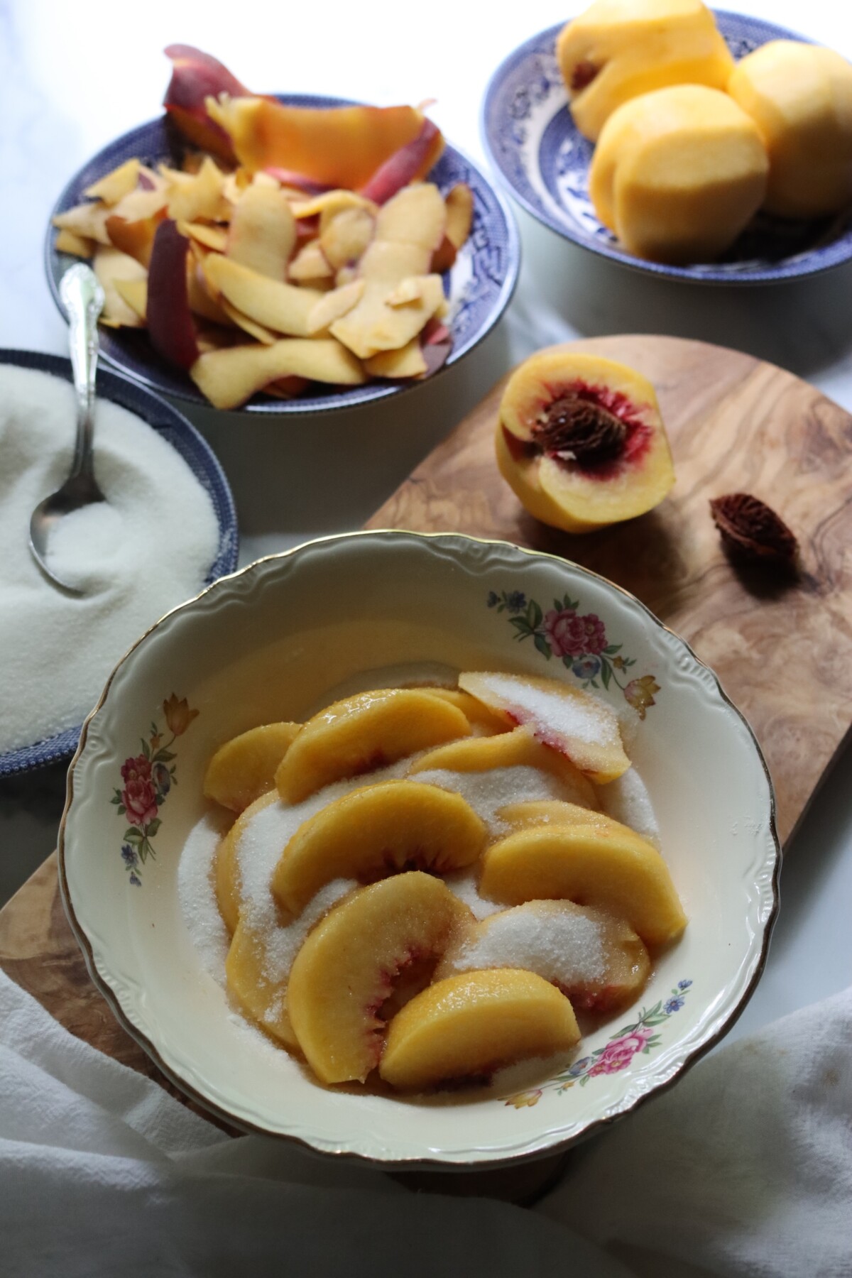 Macerating Peaches in Sugar for Peach Preserves