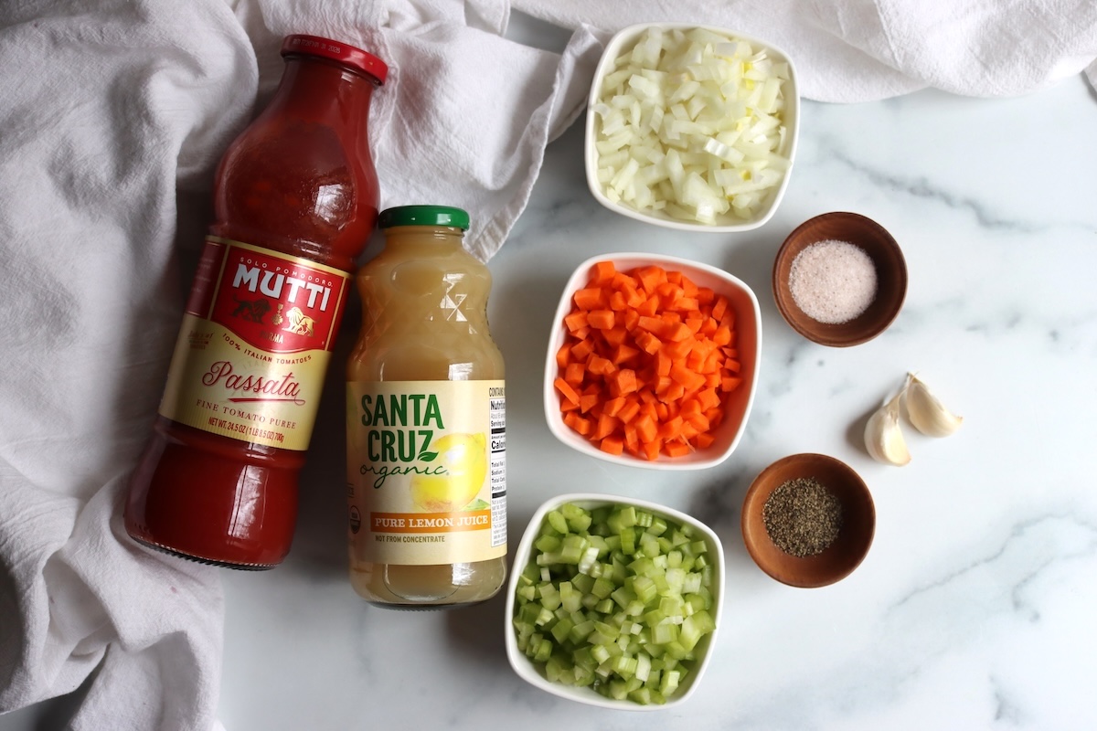Passata, bottled lemon juice, chopped onion, carrot and celery, garlic and seasonings for tomato sauce