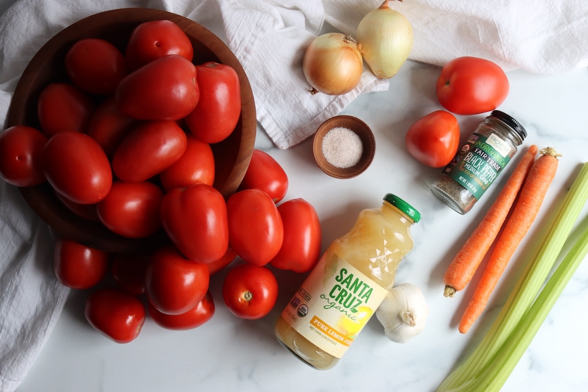Roma tomatoes, onions, carrots, celery, garlic, salt and bottled lemon juice for Italian tomato sauce