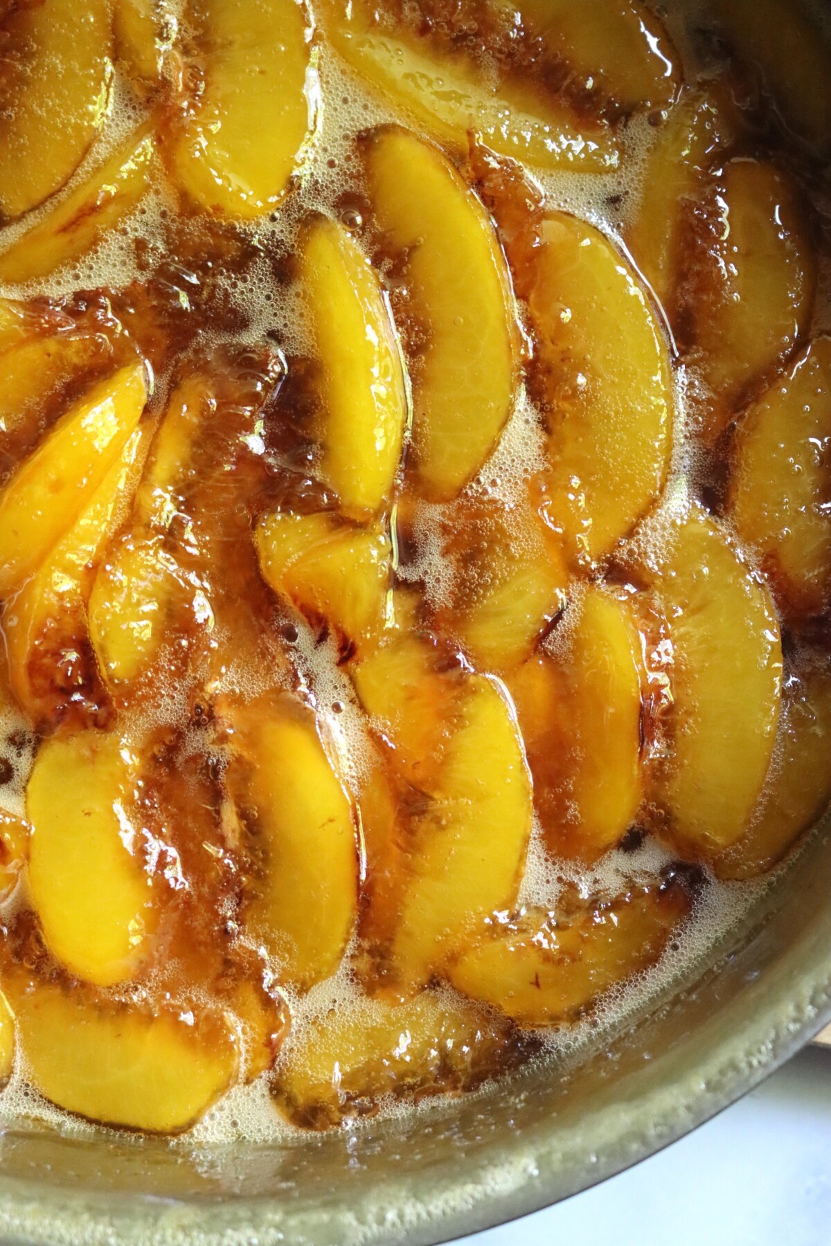 Finished peach preserves in the pan before going into the jar.