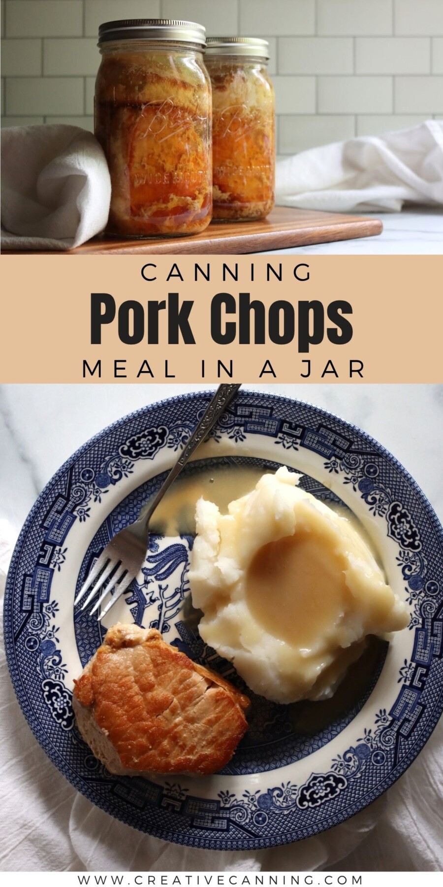 Canning Pork Chops meal in a jar, with jars of canned pork chops and a plated pork chop dinner