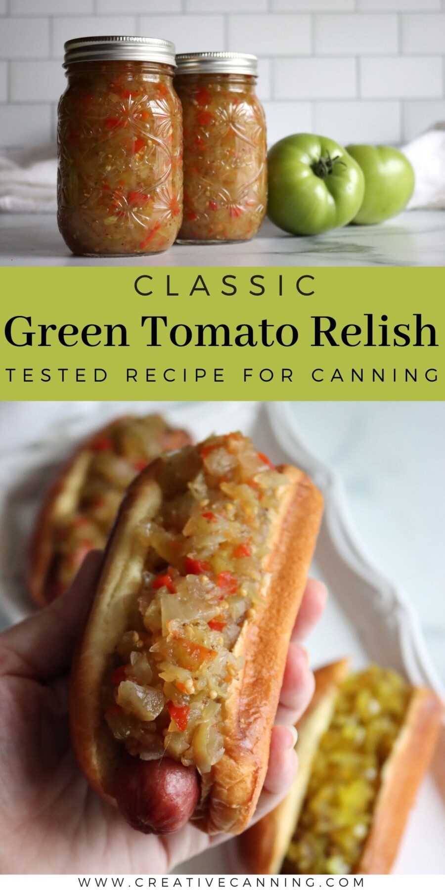 Classic green tomato relish pin with jars of relish and a hot dog topped with relish