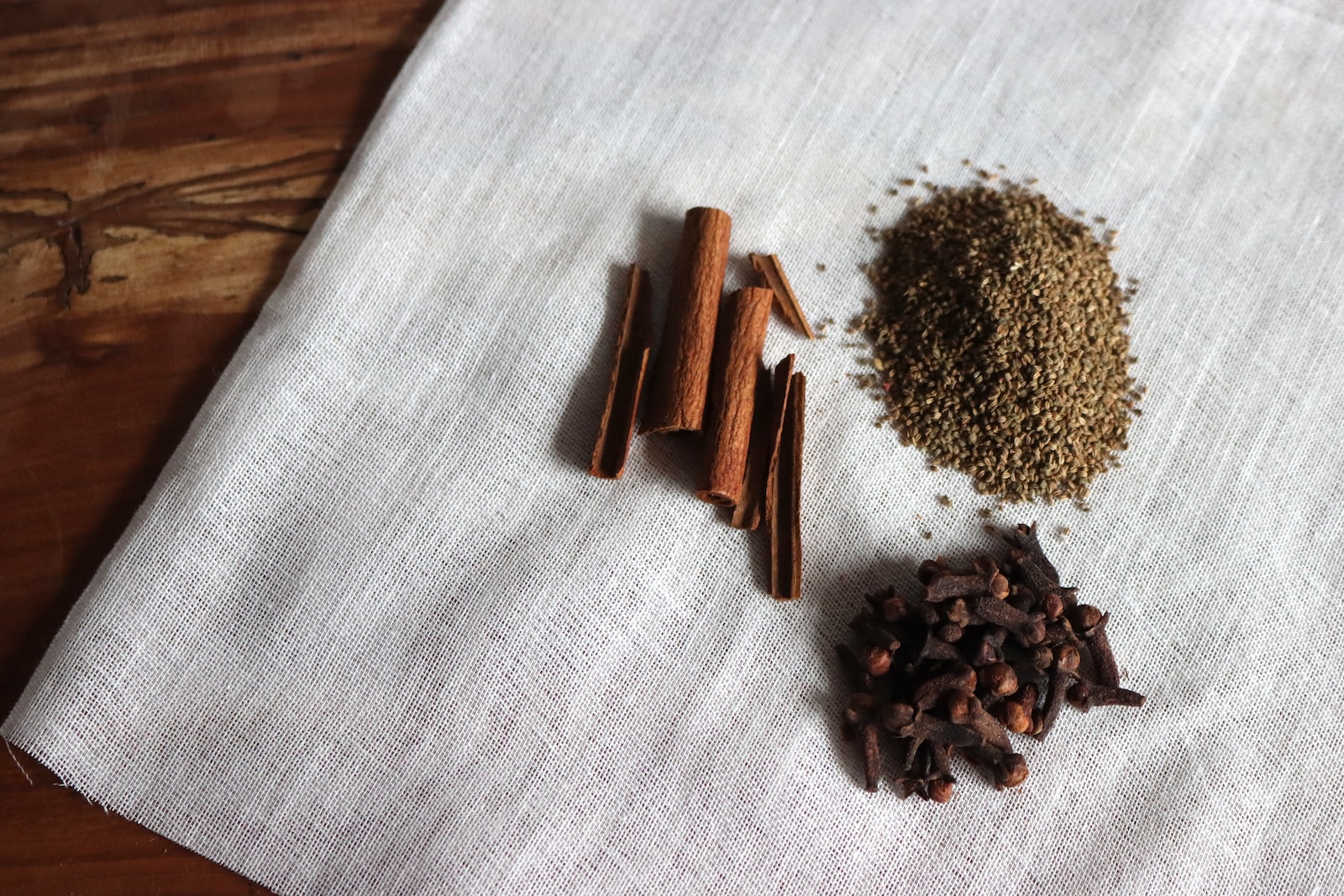 Cinnamon sticks, celery seed, and whole cloves for the relish spice bag
