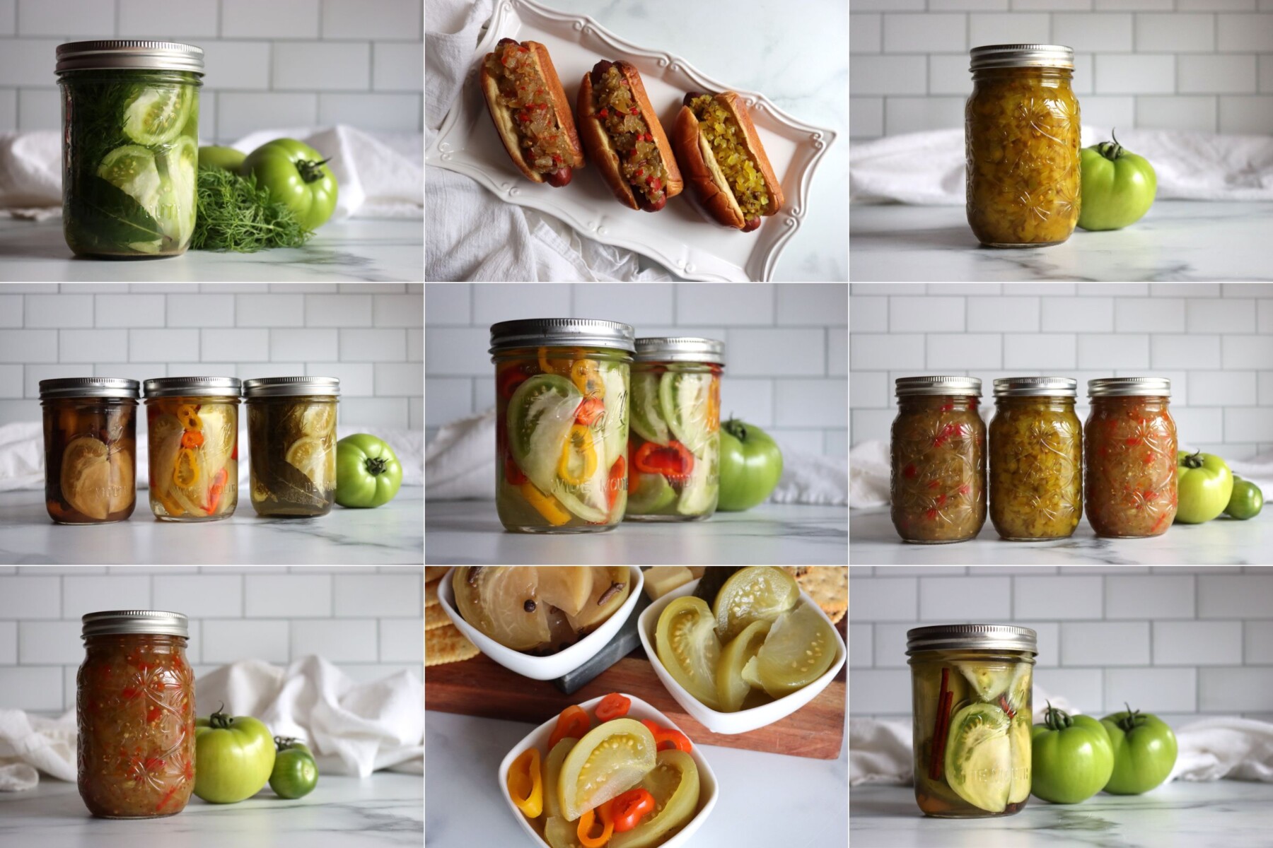 Collage of green tomato pickling recipes, from dill and spicy pickled green tomatoes to relish piled on hot dogs