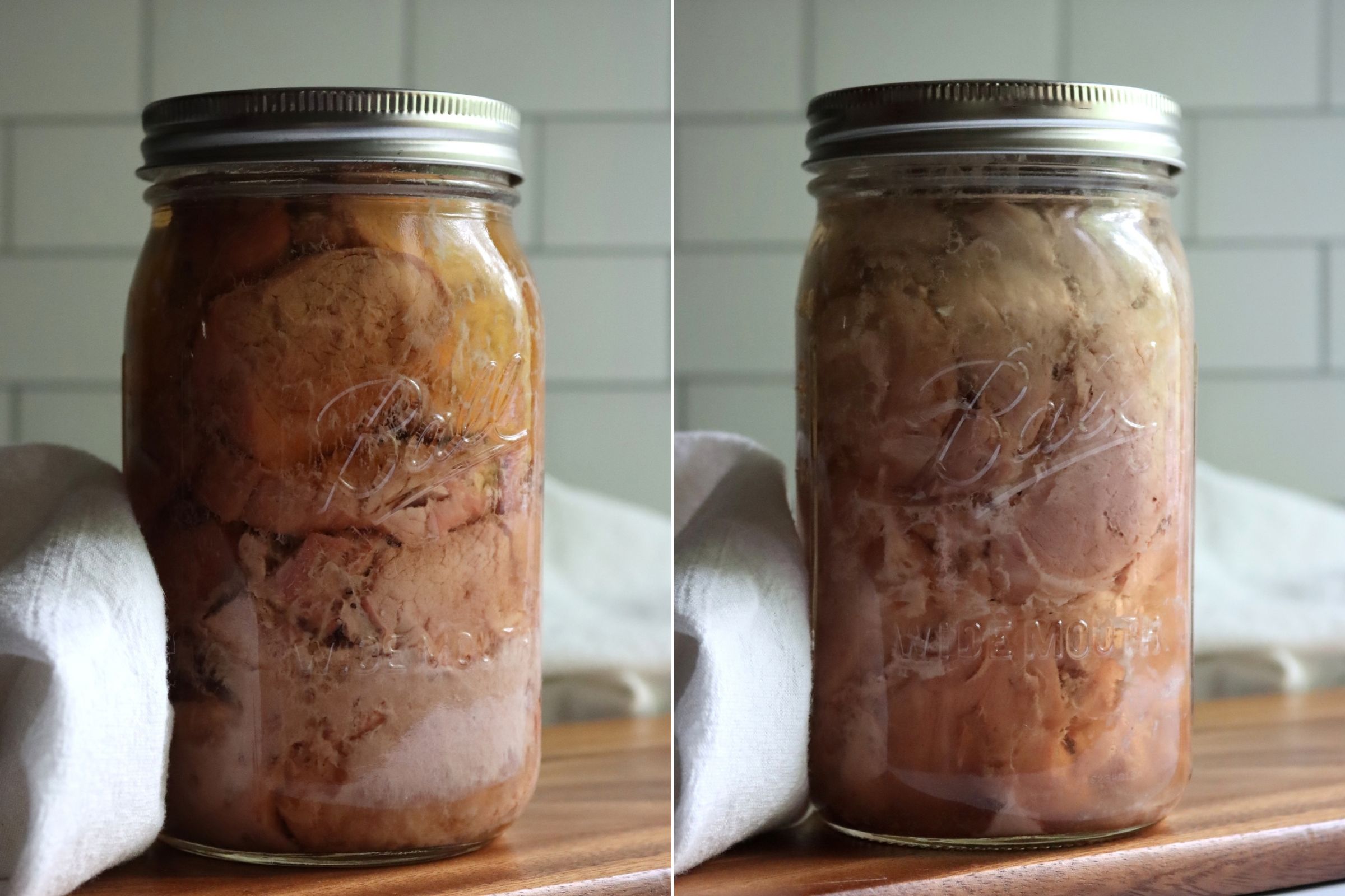 Hot and Raw Packed Tenderloin, raw on right, hard to tell when in the jar, but big difference at serving