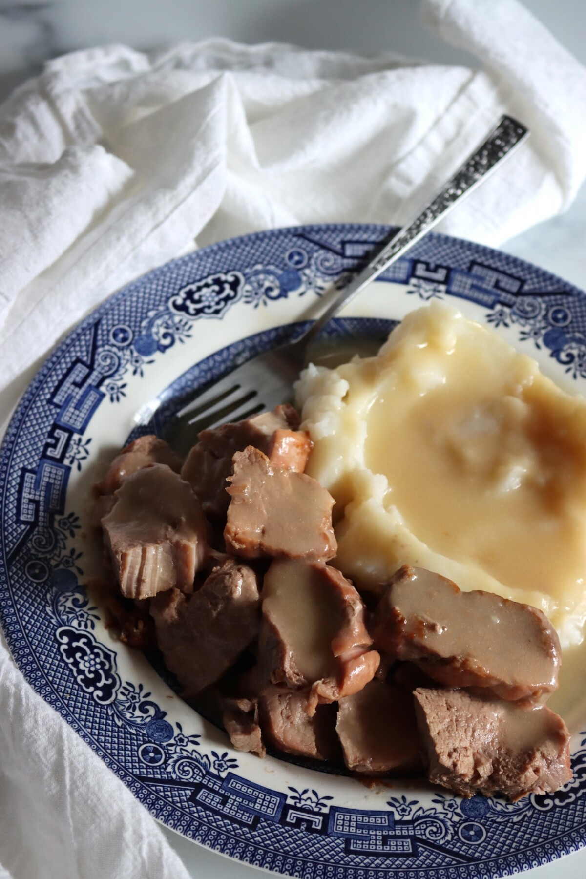 Close-up of canned pork tenderloin medallions and mashed potatoes topped with gravy