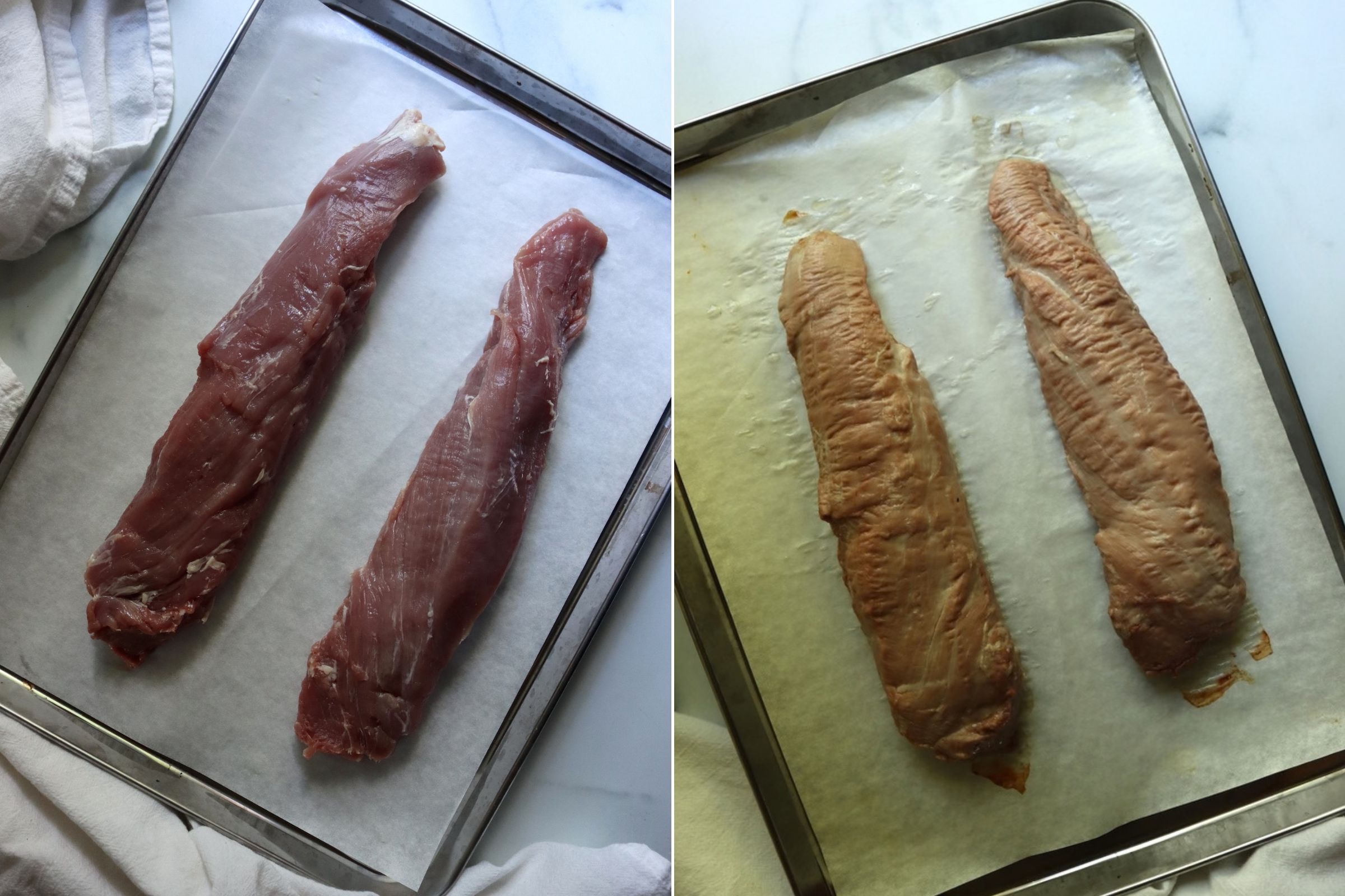 Pork tenderloins on a baking sheet before and after roasting for a hot pack